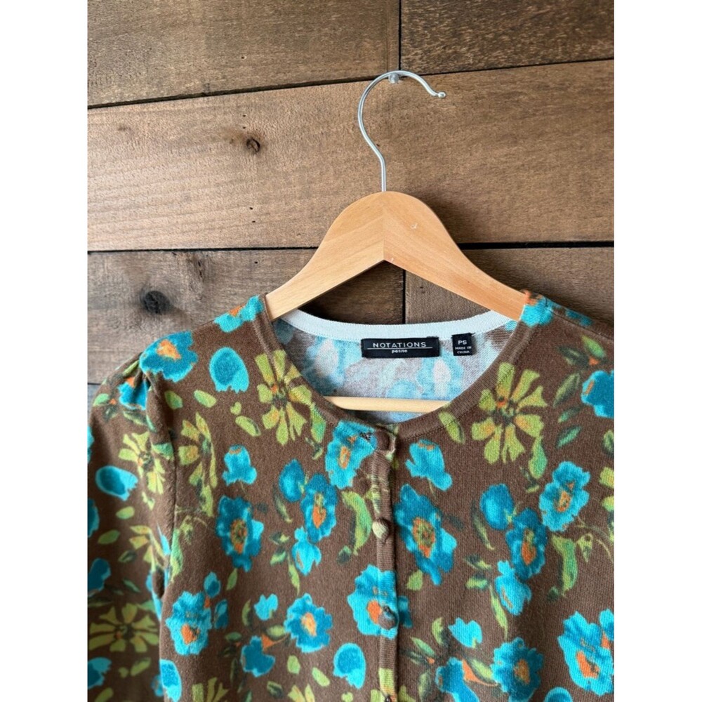 Vintage Style Brown Floral Cardigan Blue Flower Button Front Cottagecore - Picture 3 of 12